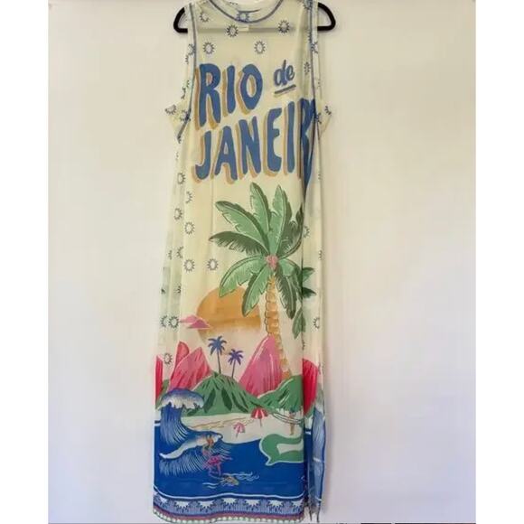 Farm Rio Womens Rio De Janeiro Graphic Mesh Midi Dress Multicolor Size S NEW - Picture 6 of 8